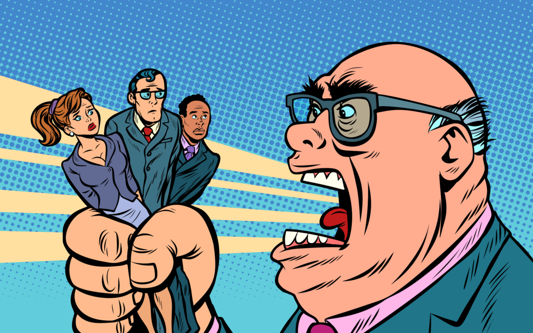This is a cartoon of a boss yelling at employees.
